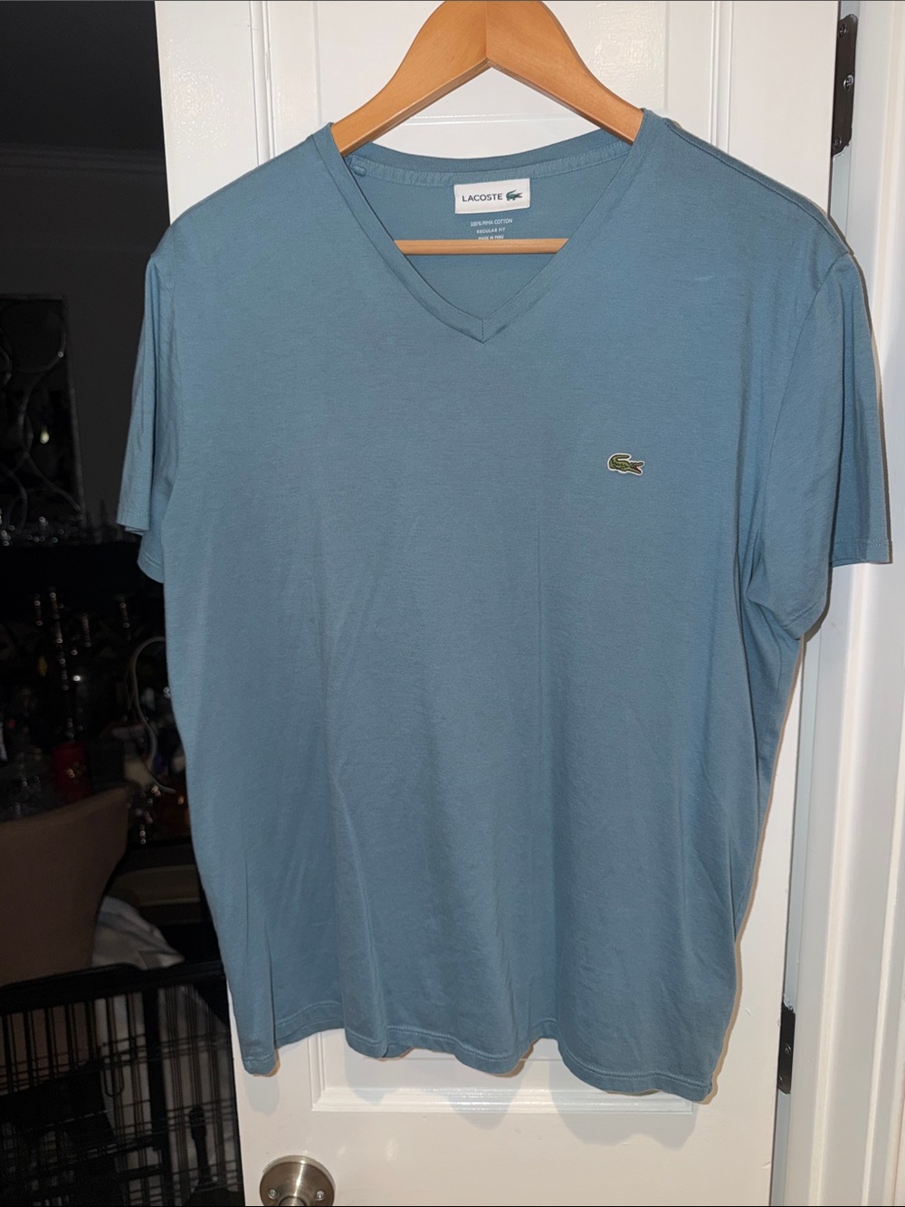 Lacoste Men's V-Neck Tee in Dusty Blue with Crocodile Logo